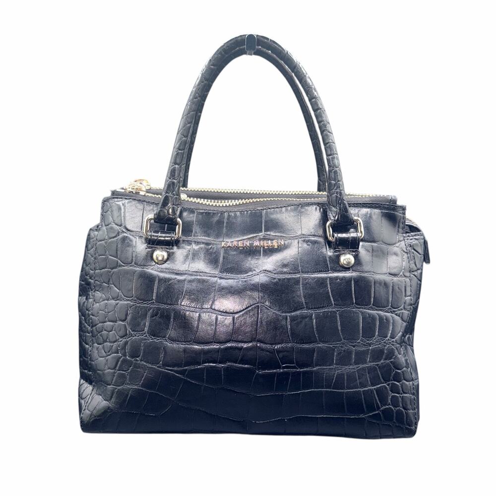 Karen Millen Black Croc Embossed Leather Satchel Top Handle Bag